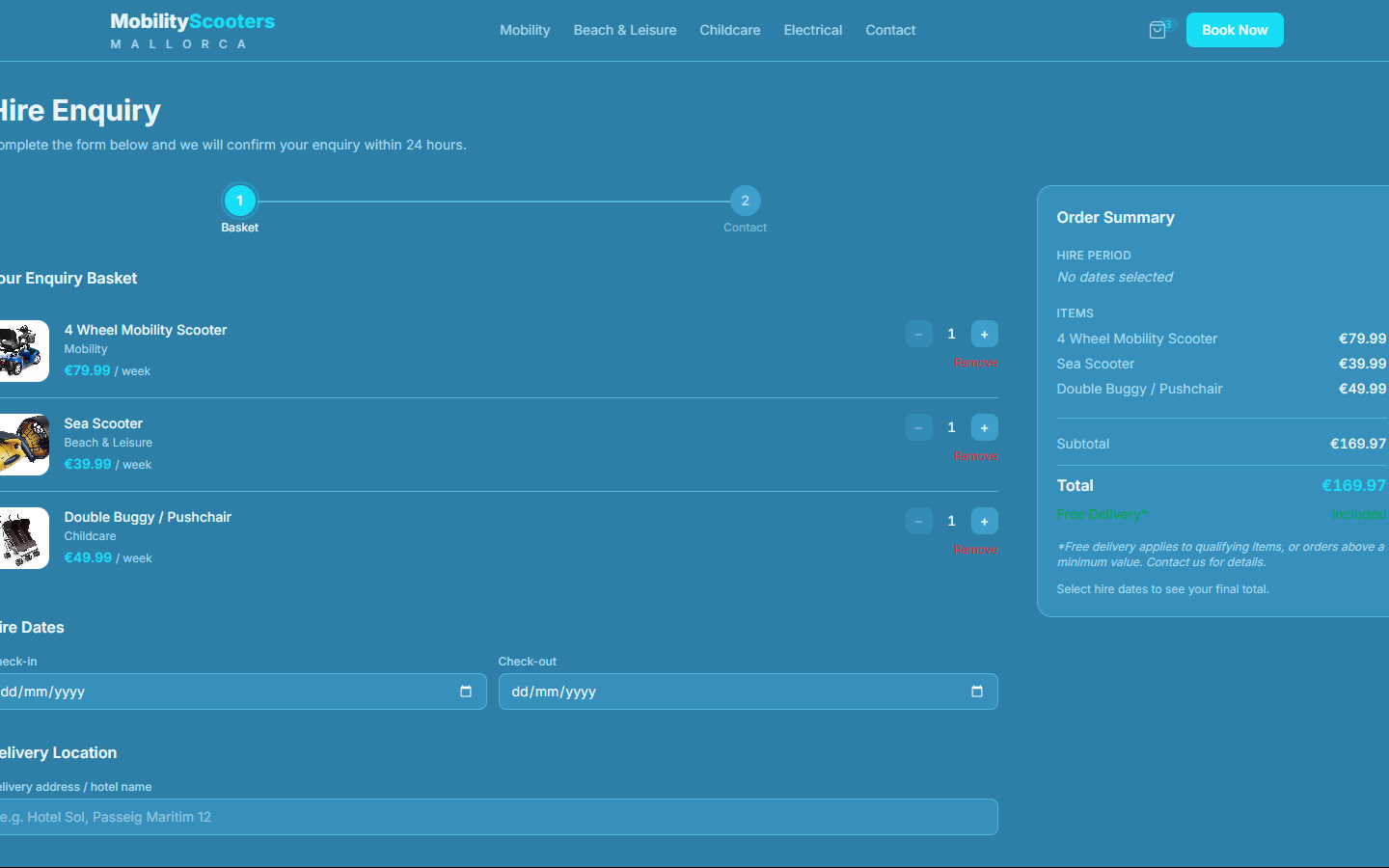 Hire Enquiry booking flow — basket, dates, order summary