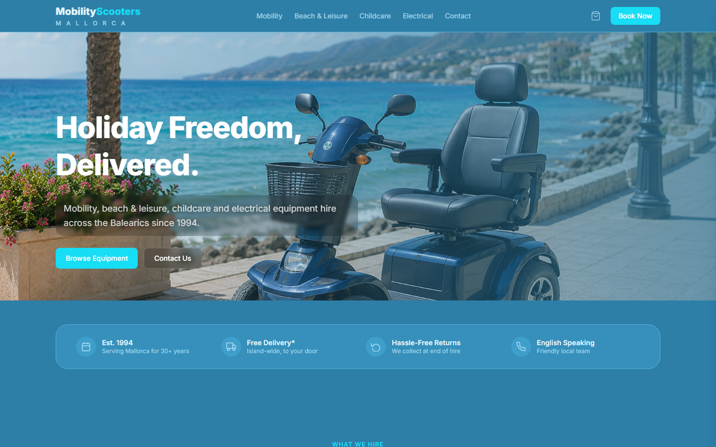 Mobility Scooters Mallorca homepage — hero with scooter and Mallorca coastline