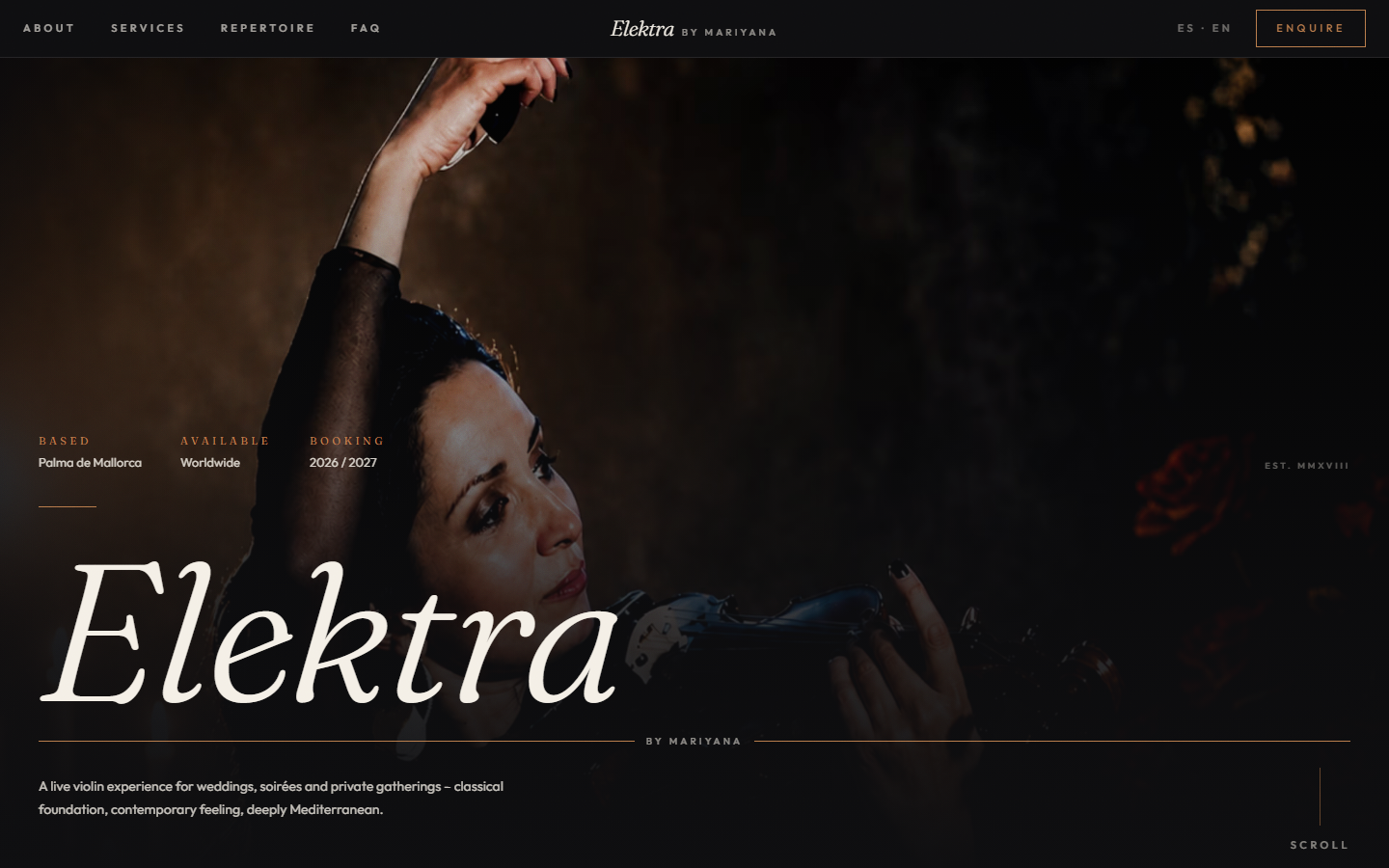 Elektra by Mariyana — A violinist's first website, fast and bookable — homepage screenshot