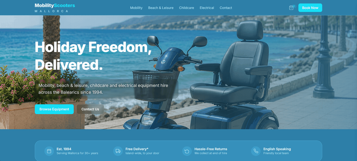 Mobility Scooters Mallorca — Scooter hire site rebuilt for enquiry and discovery — homepage screenshot
