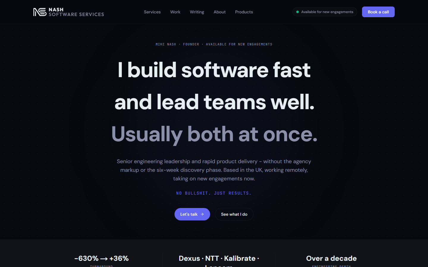 Nash Software — Developer portfolio and CV site — homepage screenshot